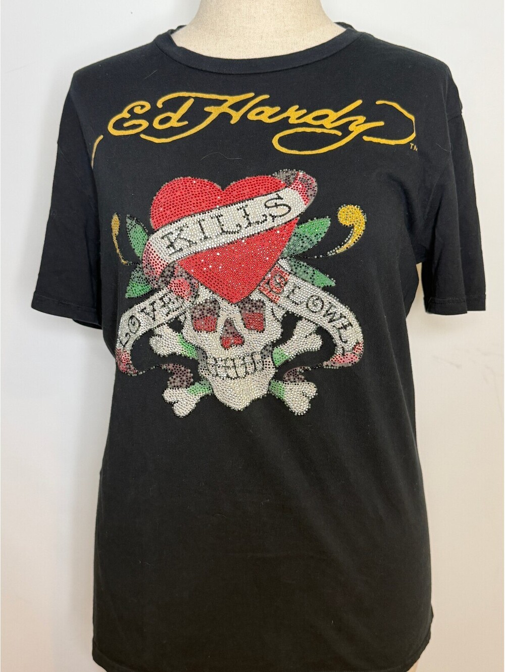 Vintage Ed Hardy Rhinestone Love Kills Slowly Black Graphic Tee - XL